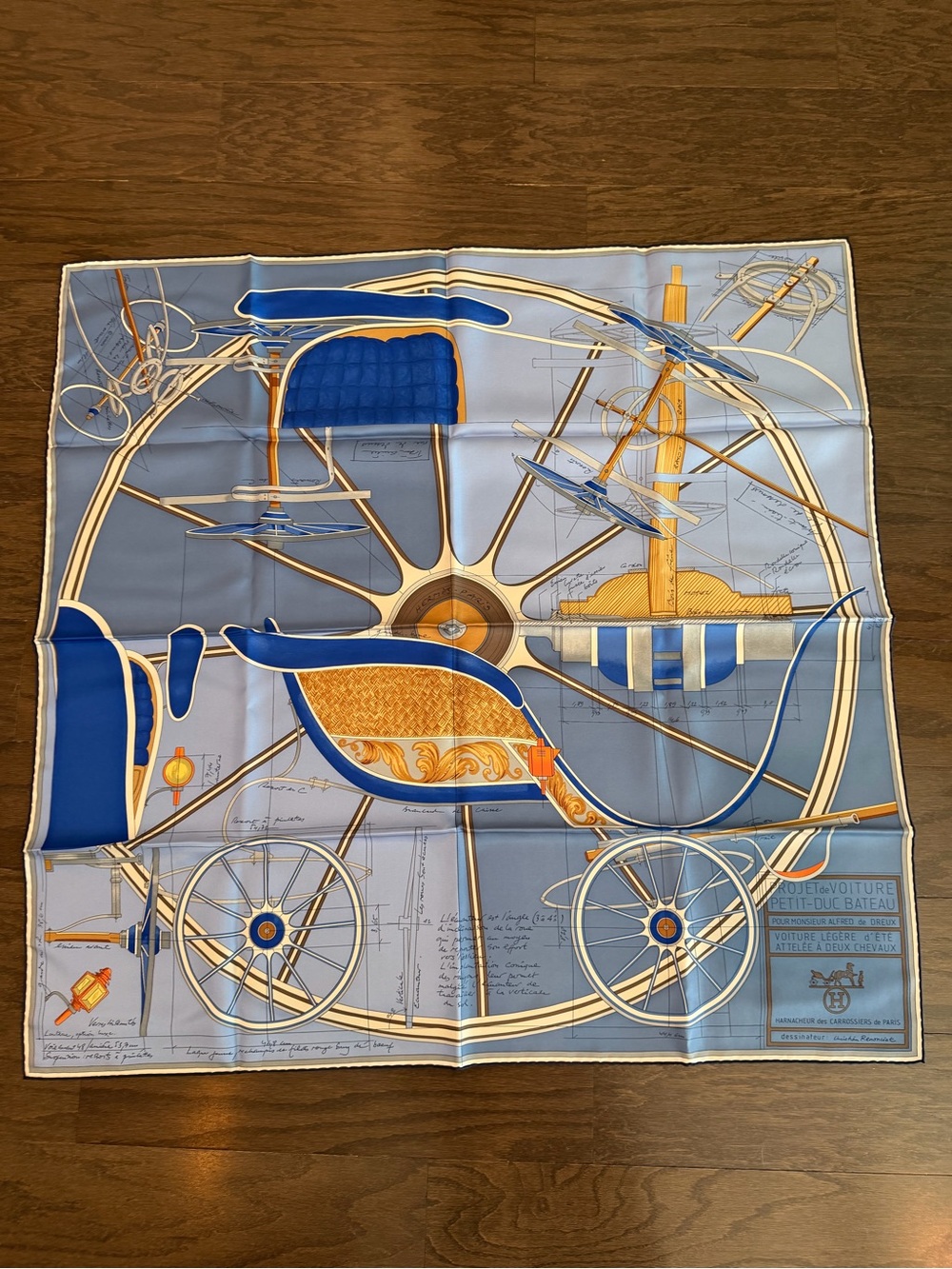 NWT Hermes Silk Scarf with Blue & Gold Carriage Motif